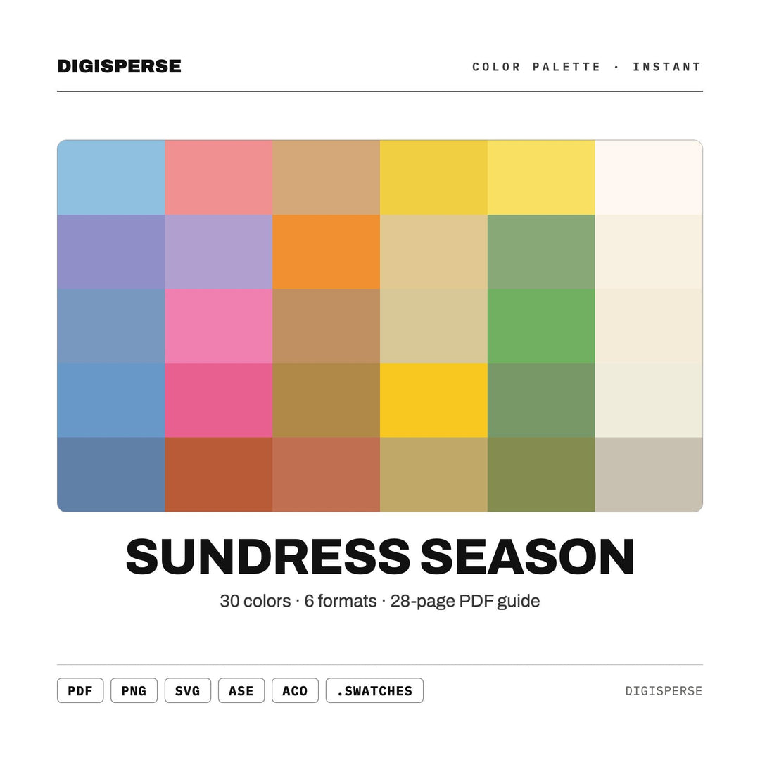 Sundress Season Color Palette | 30 Colors | Hex RGB CMYK | Procreate Swatches + ASE | Digital Download