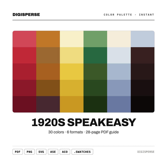 Roaring Twenties Color Palette for Gatsby Party Art and Vintage Speakeasy Branding, 30 Art Deco Jazz Age Hues, Procreate Swatches, Hex Codes