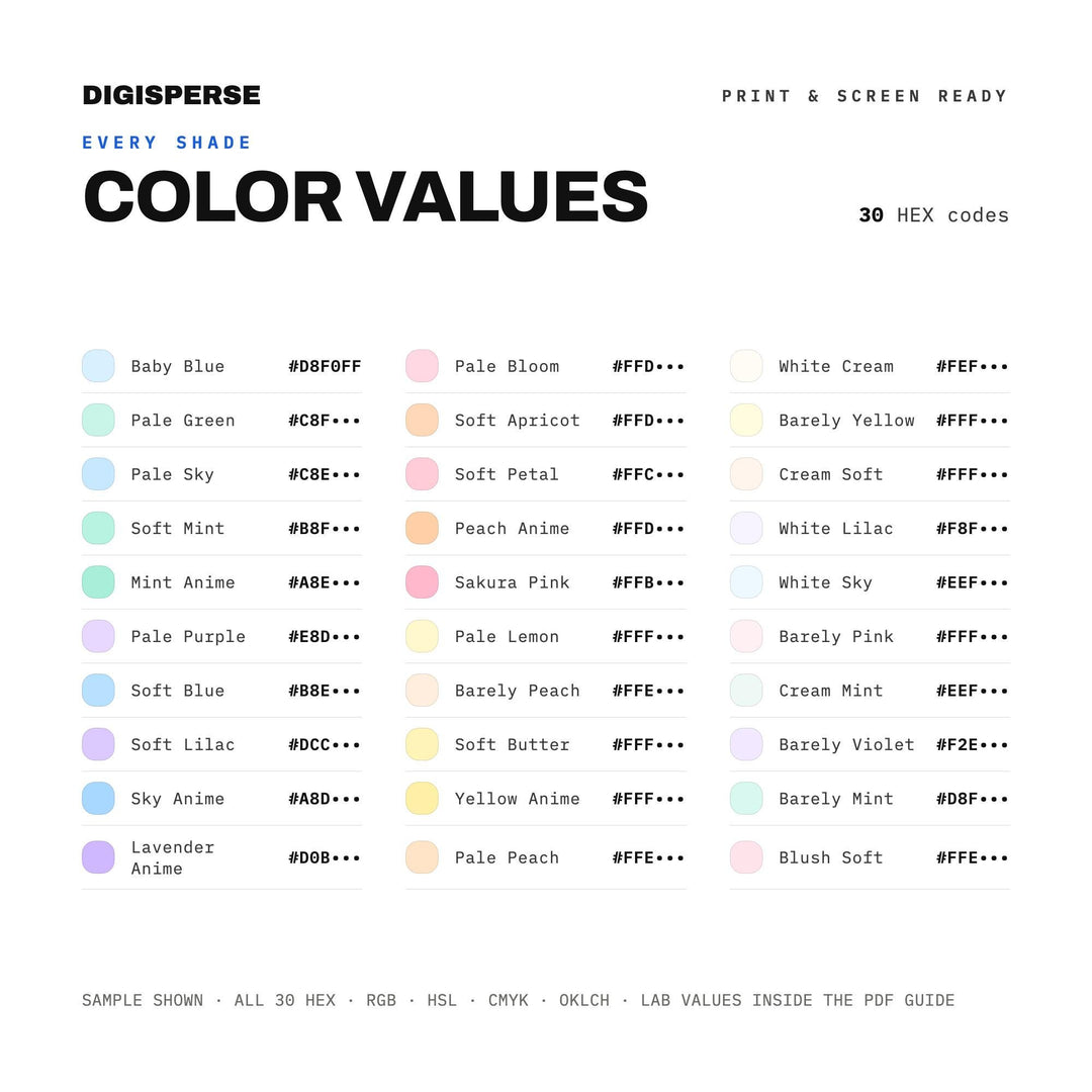 Anime Pastel Color Palette | 30 Procreate Swatches, HEX, RGB, CMYK (Digital Download)