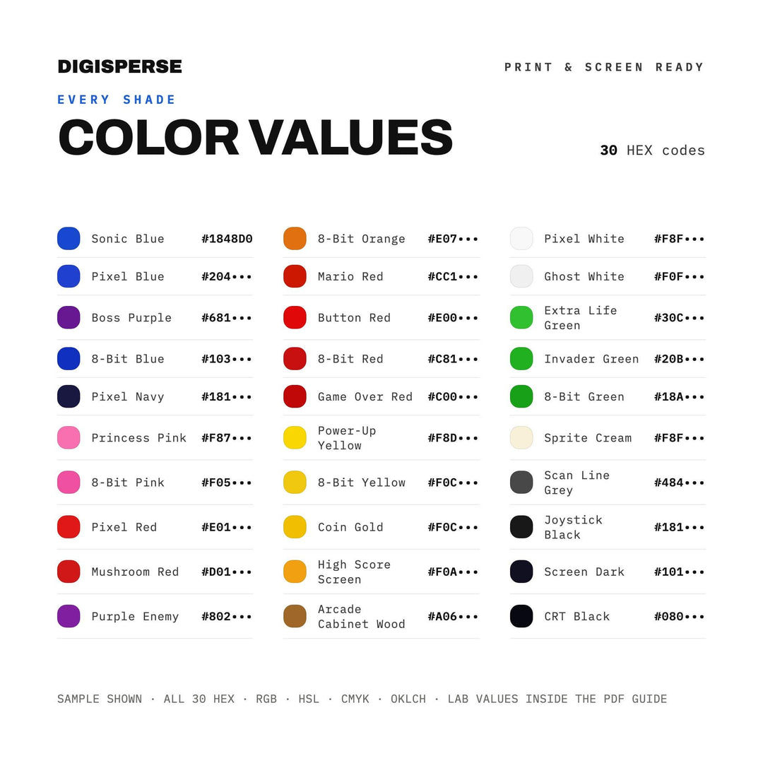 Retro Arcade Pixels Color Palette | 30 Procreate Swatches, ASE, PDF Guide (Digital Download)