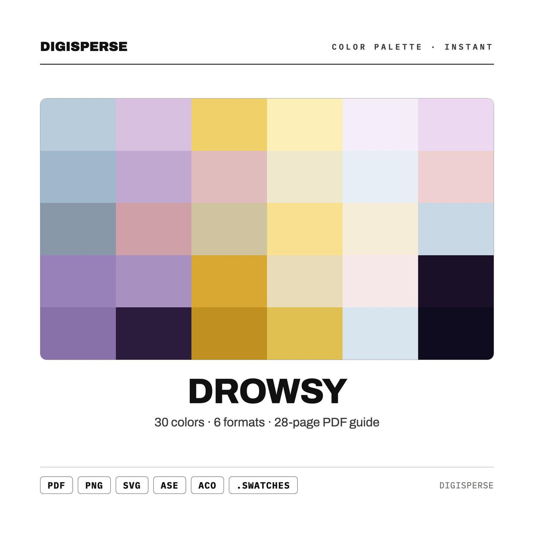 Soft Muted Color Palette for Cozy Sleepy Art and Calm Bedroom Branding, 30 Drowsy Dusk Hues, Procreate Swatches, Hex Codes