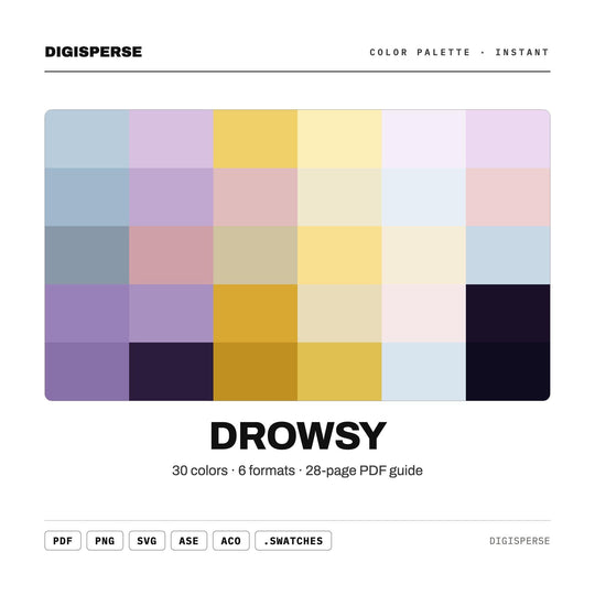 Soft Muted Color Palette for Cozy Sleepy Art and Calm Bedroom Branding, 30 Drowsy Dusk Hues, Procreate Swatches, Hex Codes