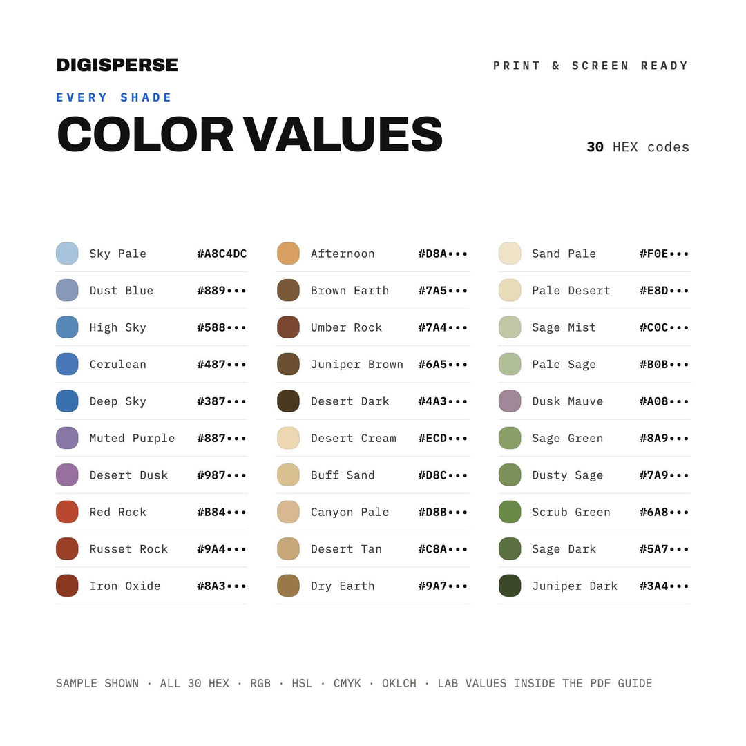 High Desert Color Palette | 30 Procreate Swatches, ASE, PDF Guide (Digital Download)