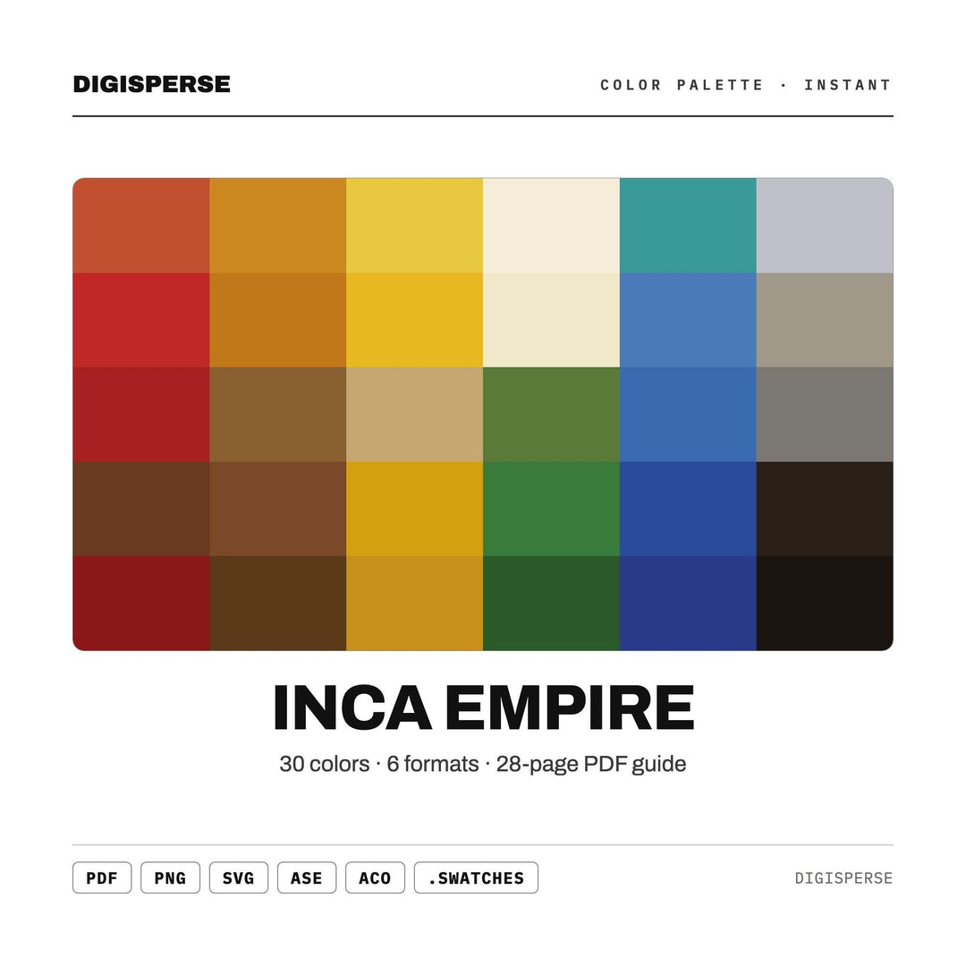 Inca Empire Color Palette | 30 Colors | Hex RGB CMYK | Color Guide | Procreate Swatches + ASE | Digital Download