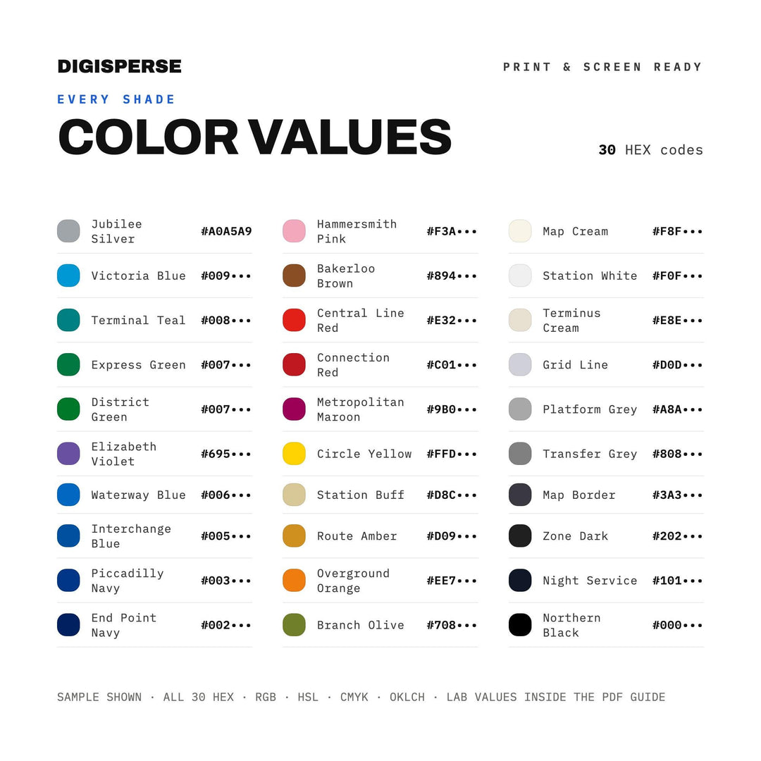 Transit Map Color Palette | 30 Curated Colors, Hex RGB CMYK (Digital Download)