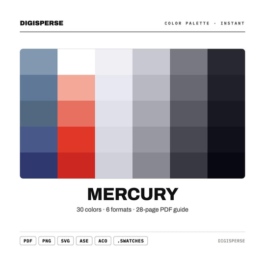 Liquid Silver Color Palette for Metallic Planet Art and Sleek Branding, 30 Mercury Chrome Hues, Procreate Swatches, Hex Codes