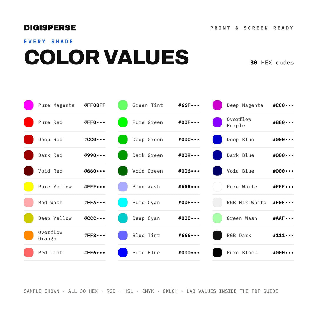 Saturated Neon Color Palette for Glitch Digital Art and Cyberpunk Branding, 30 Oversaturated Pixel Hues, Procreate Swatches, Hex Codes