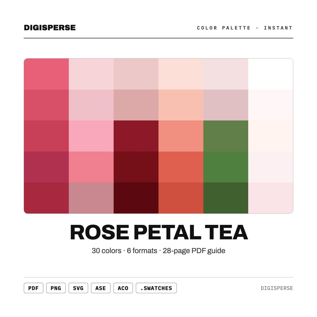 Rose Petal Tea Color Palette | 30 Colors | Hex RGB CMYK | Color Guide | Procreate Swatches + ASE | Digital Download