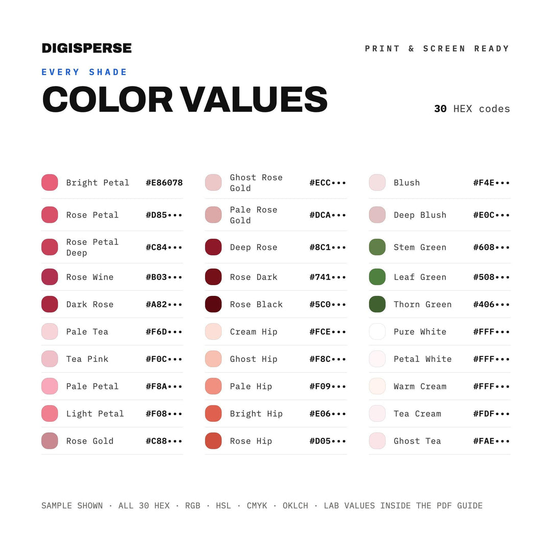 Rose Petal Tea Color Palette | 30 Colors | Hex RGB CMYK | Color Guide | Procreate Swatches + ASE | Digital Download