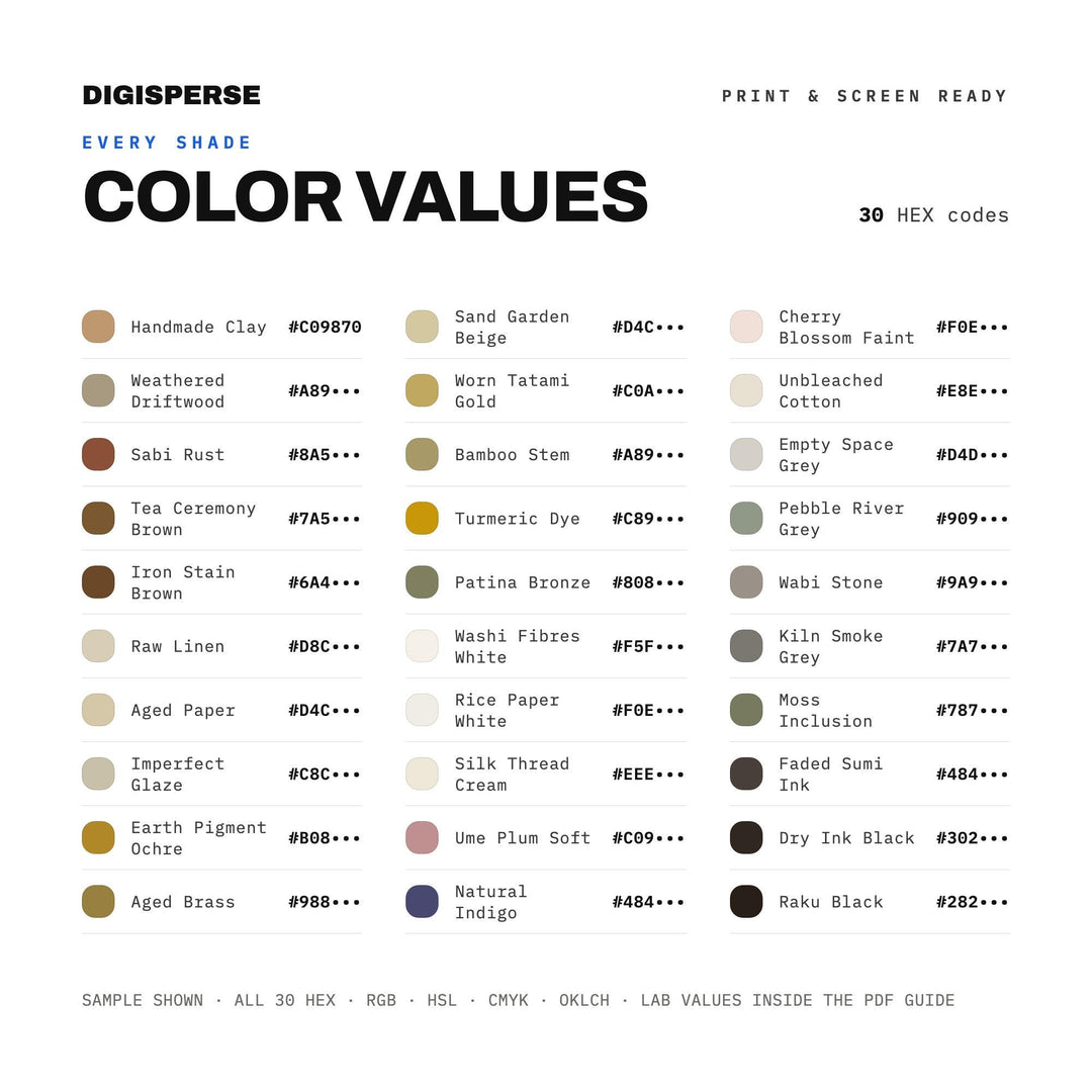 Wabi Sabi Linen Color Palette | 30 Colors | Hex RGB CMYK | Procreate Swatches + ASE | Digital Download