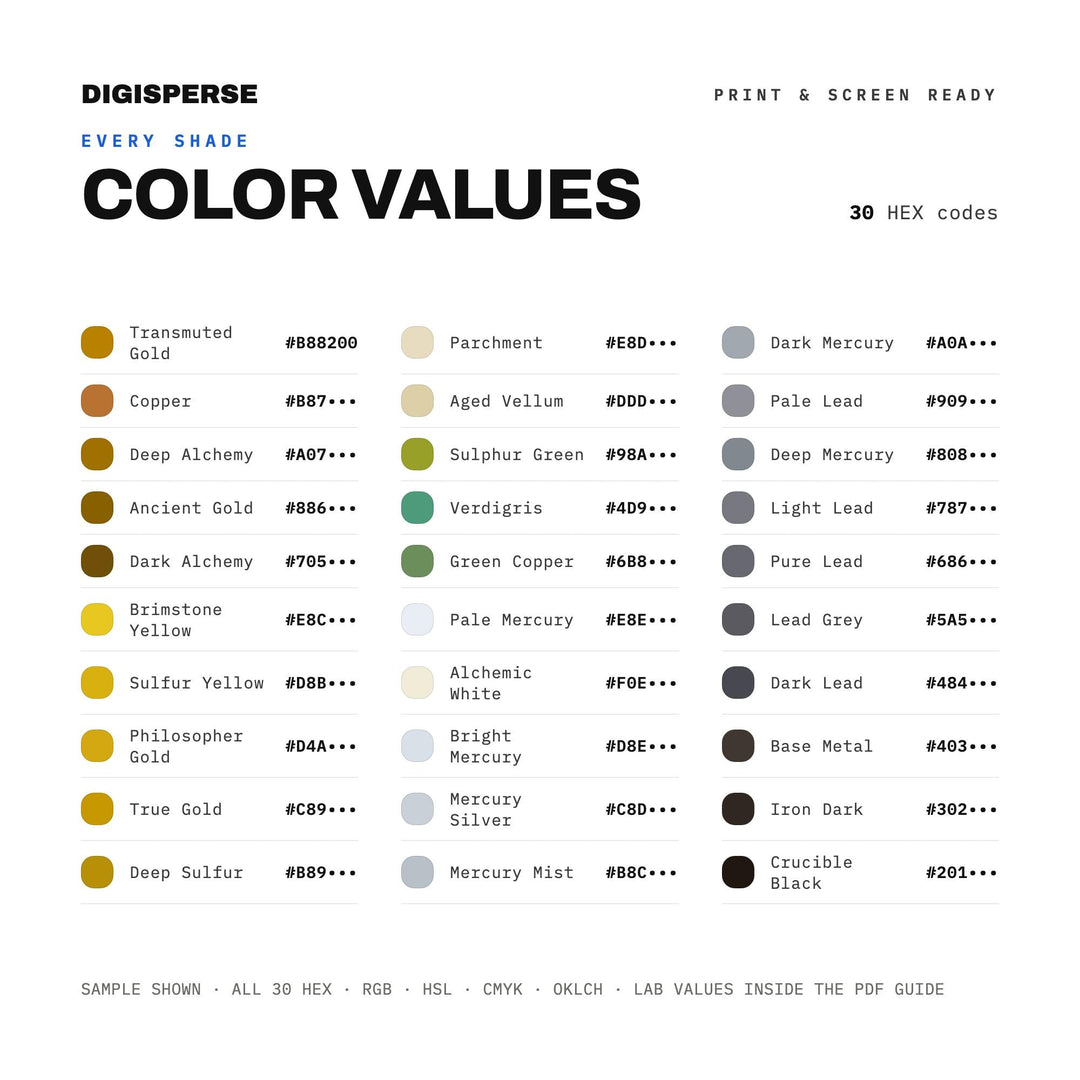 Sorcerer's Stone Color Palette | 30 Colors | Hex RGB CMYK | Color Guide | Procreate Swatches + ASE | Digital Download