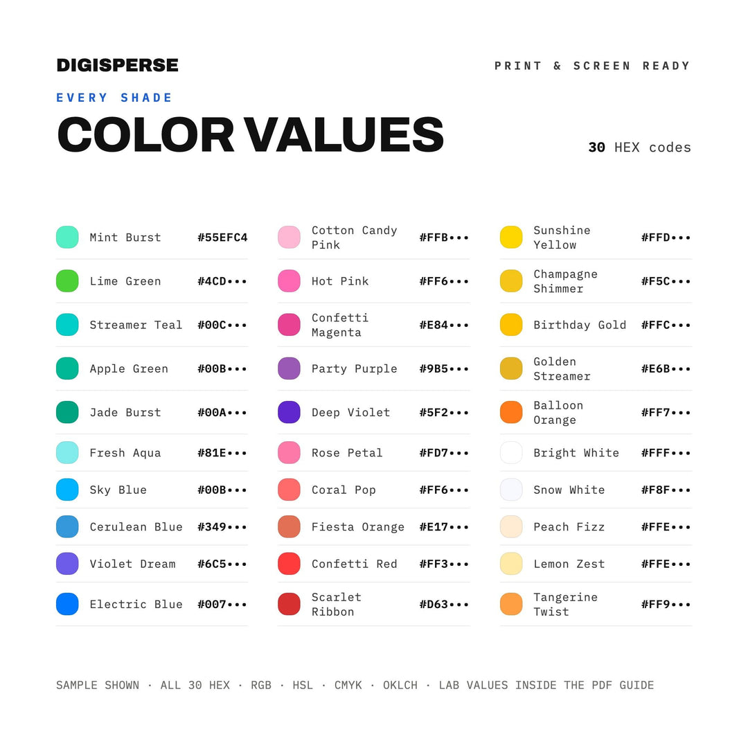 Bright Festive Color Palette for Kids Party Art and Celebration Branding, 30 Confetti Balloon Hues, Procreate Swatches, Hex Codes