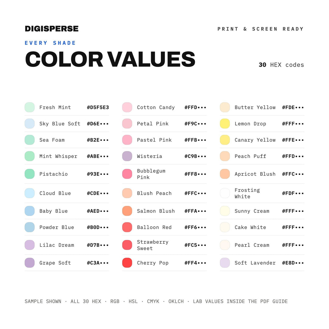 Soft Pastel Color Palette for Cake Smash Party Art and Nursery Branding, 30 Sweet Baby Hues, Procreate Swatches, Hex Codes