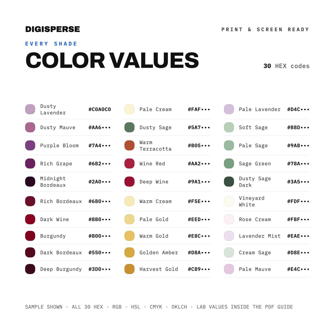 Warm Autumn Color Palette for Wine Country Art and Rustic Vineyard Branding, 30 Grape Harvest Hues, Procreate Swatches