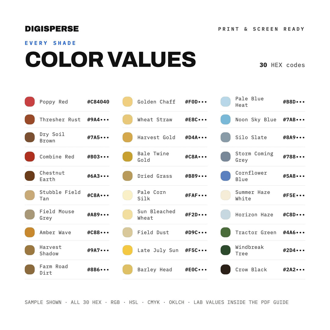 Wheat Field Late July Color Palette | 30 Colors | Hex RGB CMYK | Procreate Swatches + ASE | Digital Download