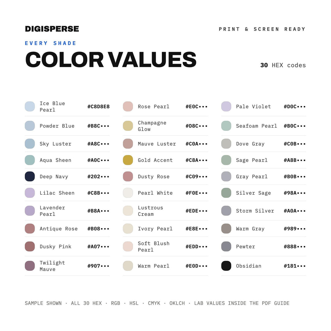 Pearl Anniversary Color Palette | 30 Colors | Hex RGB CMYK | Procreate Swatches + ASE | Digital Download