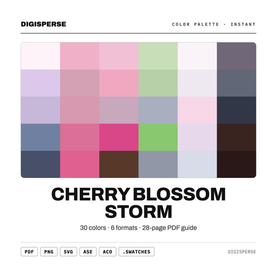Pink and Grey Color Palette for Spring Floral Art and Moody Wedding Design, 30 Cherry Blossom Storm Hues, Procreate Swatches