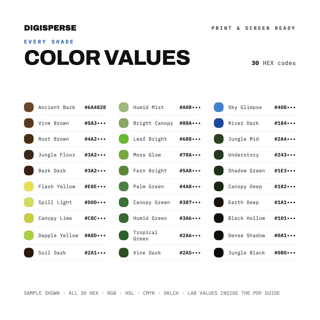 Lush Green Color Palette for Tropical Rainforest Art and Botanical Branding, 30 Deep Jungle Hues, Procreate Swatches, Hex Codes