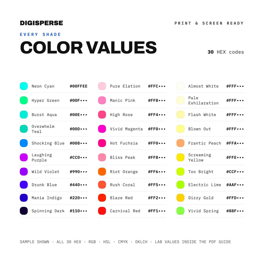 Delirious Joy Color Palette | 30 Colors | Hex RGB CMYK | Color Guide | Procreate Swatches + ASE | Digital Download
