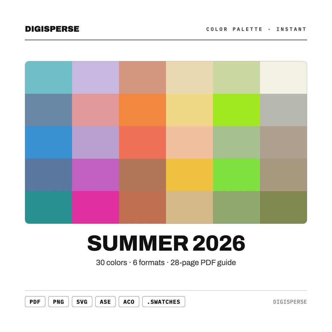 Summer 2026 Color Palette | 30 Colors | Hex RGB CMYK | Procreate Swatches + ASE | Digital Download