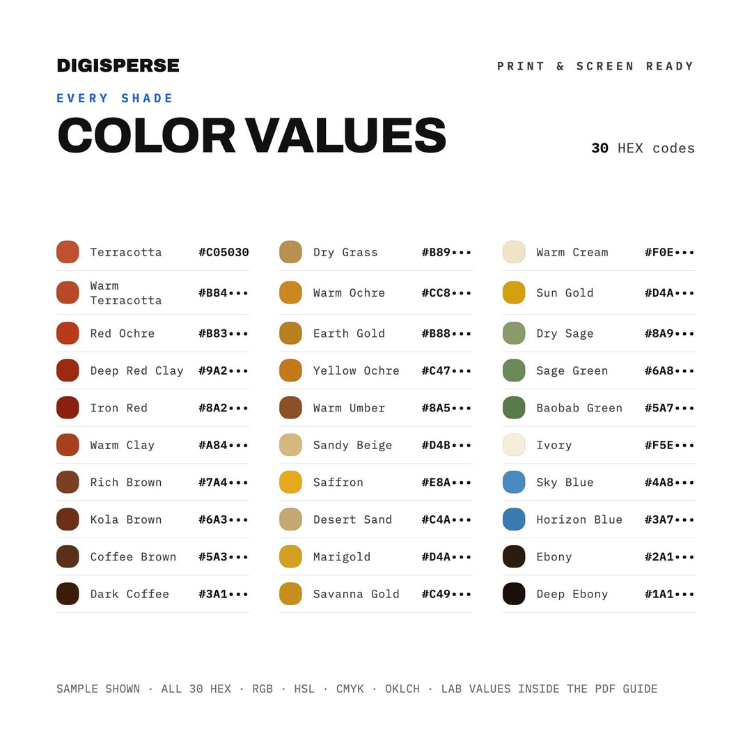 Sub-Saharan Earths Color Palette | 30 Colors | Hex RGB CMYK | Color Guide | Procreate Swatches + ASE | Digital Download