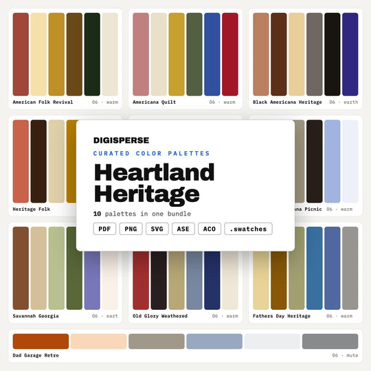 Rustic Americana Color Codes Pack, 10 Heartland Heritage Palettes for Country Craft Fairs, Quilt Planning and Homestead Branding