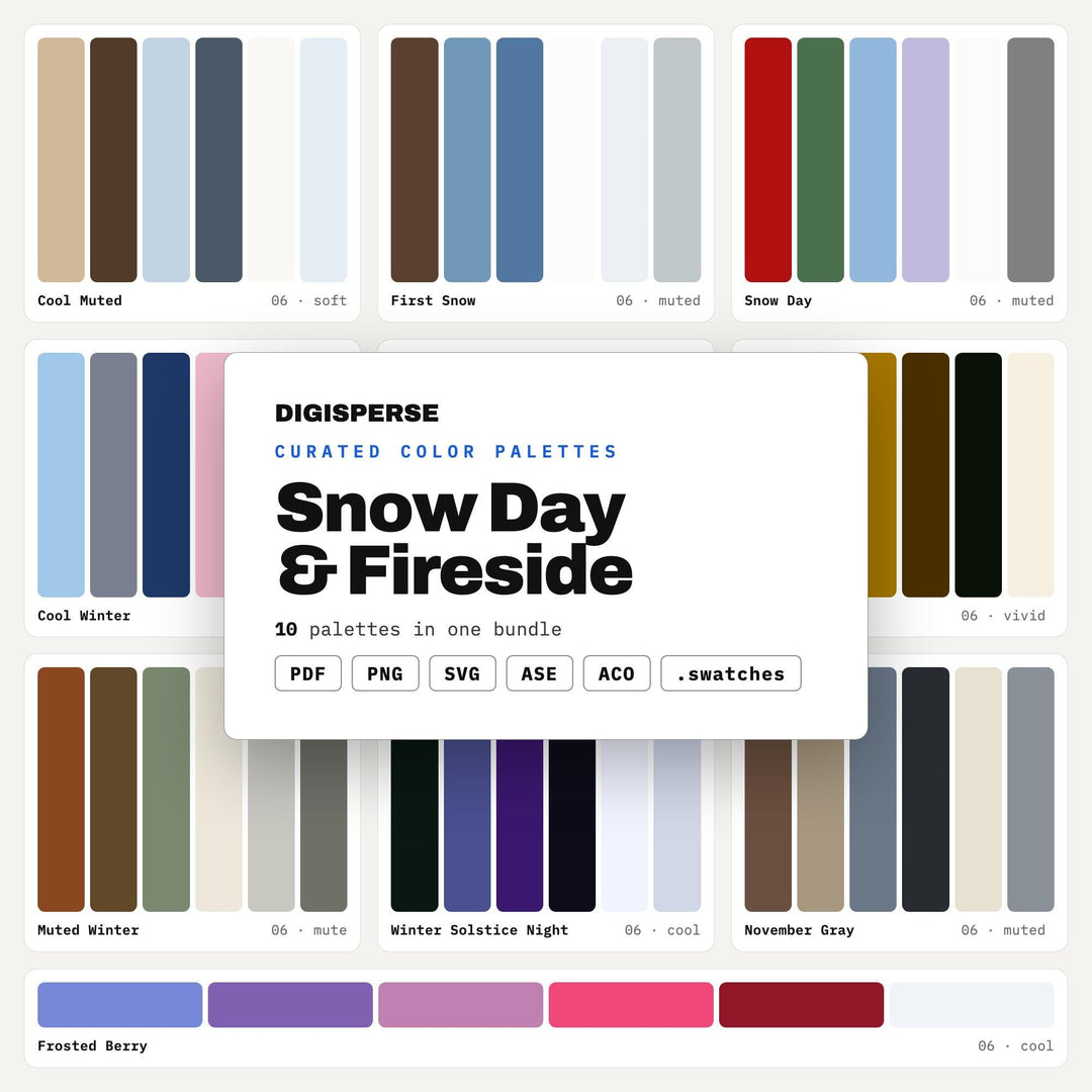 Winter Color Scheme Collection, 10 Snow Day and Fireside Palettes for Cozy Cabin Decor, Ski Lodge Branding and Hygge Design