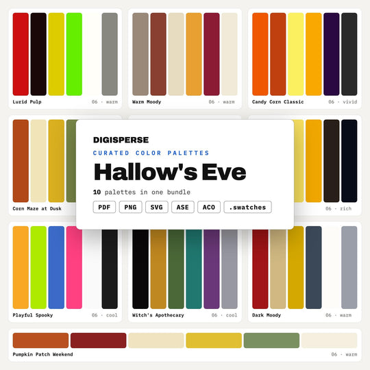 Halloween Color Palette Collection, 10 Hallows Eve Spooky Schemes for Party Invites, Trick or Treat Decor and Gothic Craft Design