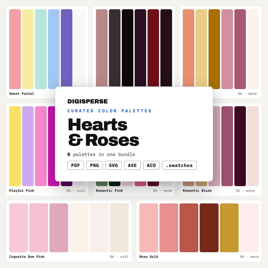 Valentines Day Color Palette Pack, 8 Hearts and Roses Romantic Schemes for Love Cards, Wedding Stationery and Galentine Party Art