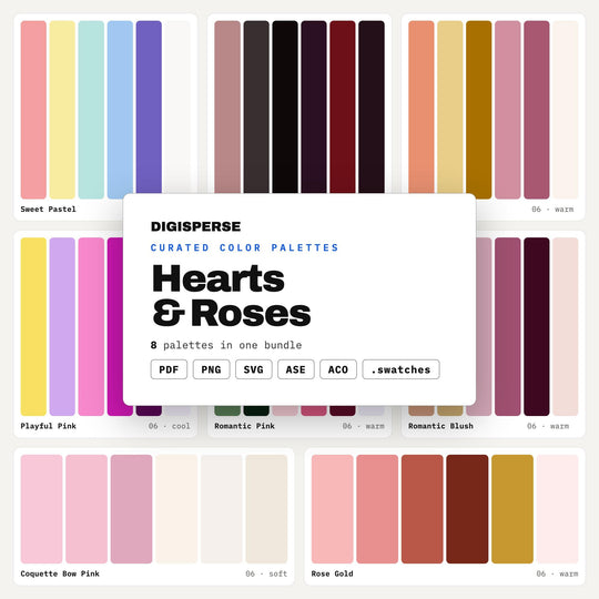 Valentines Day Color Palette Pack, 8 Hearts and Roses Romantic Schemes for Love Cards, Wedding Stationery and Galentine Party Art
