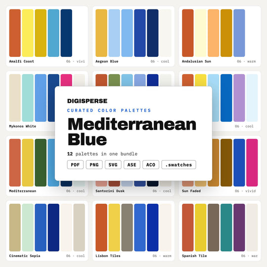 Mediterranean Color Palette Mega Set, 12 Aegean Blue Schemes for Travel Branding, Coastal Villa Decor and Restaurant Menus