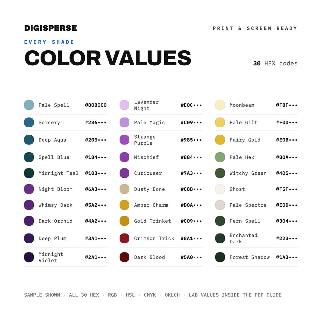 Moody Magical Color Palette for Gothic Fairytale Art and Whimsigoth Branding, 30 Dark Whimsy Hues, Procreate Swatches, Hex Codes