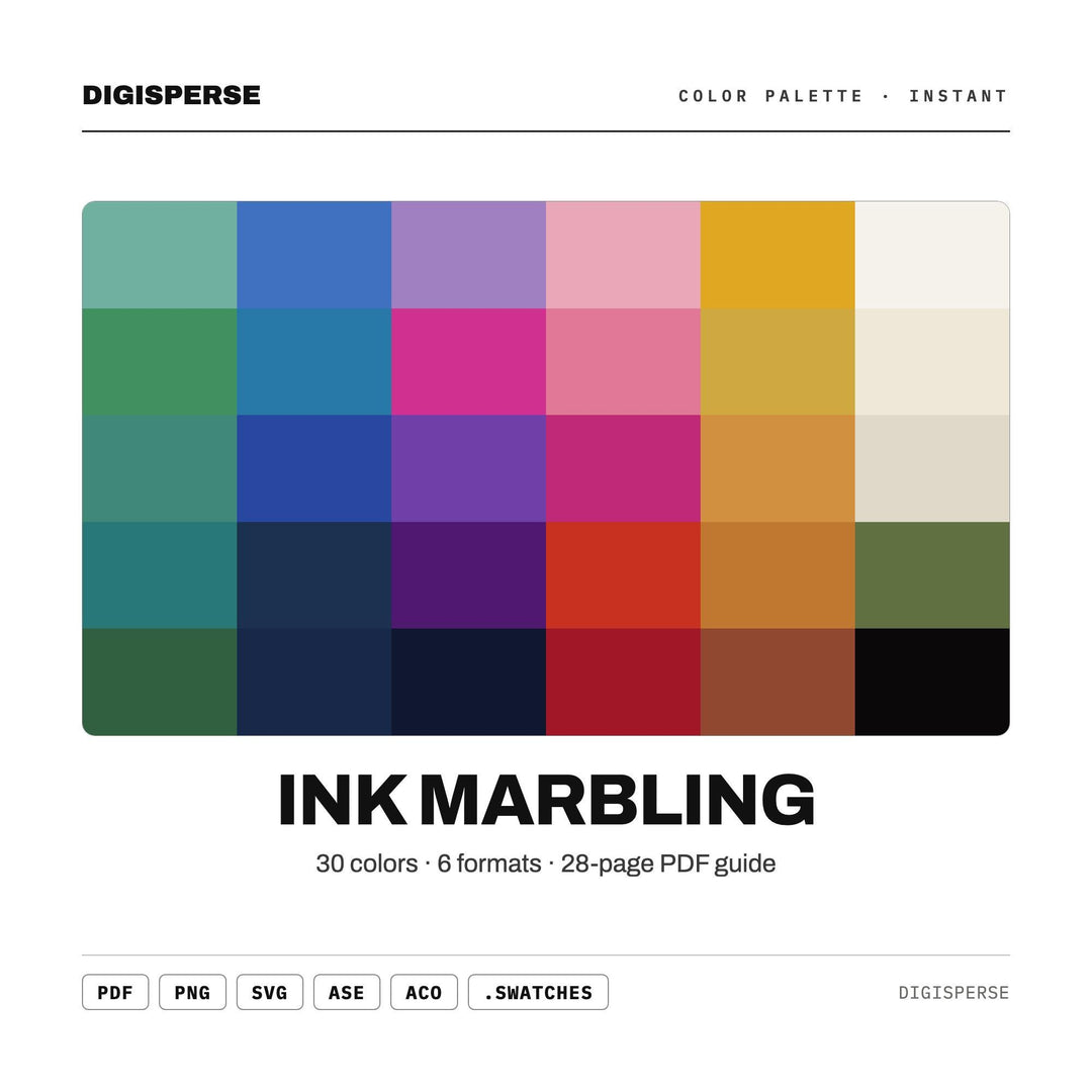 Ink Marbling Color Palette | 30 Colors | Hex RGB CMYK | Procreate Swatches + ASE | Digital Download