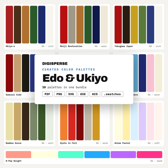 Japanese Woodblock Color Set, 10 Edo and Ukiyo Palettes for Print Artists, Anime Backgrounds and Zen Interior Moodboards