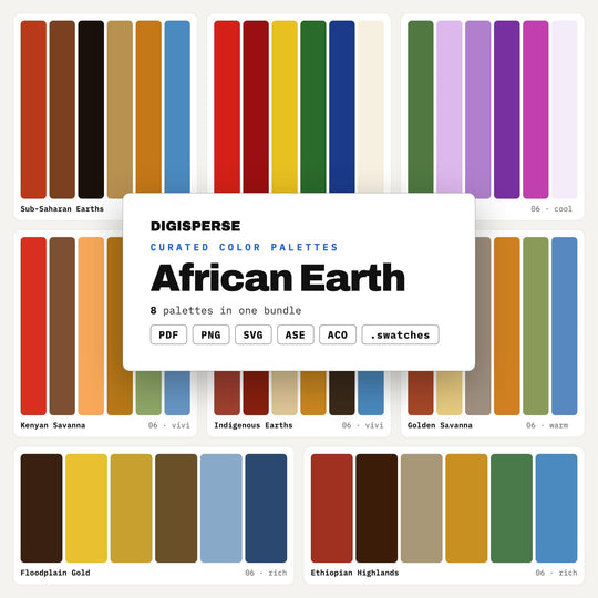 African Earth Tone Palette Pack, 8 Savanna Color Schemes for Safari Lodge Decor, Mudcloth Textile Art and Travel Branding