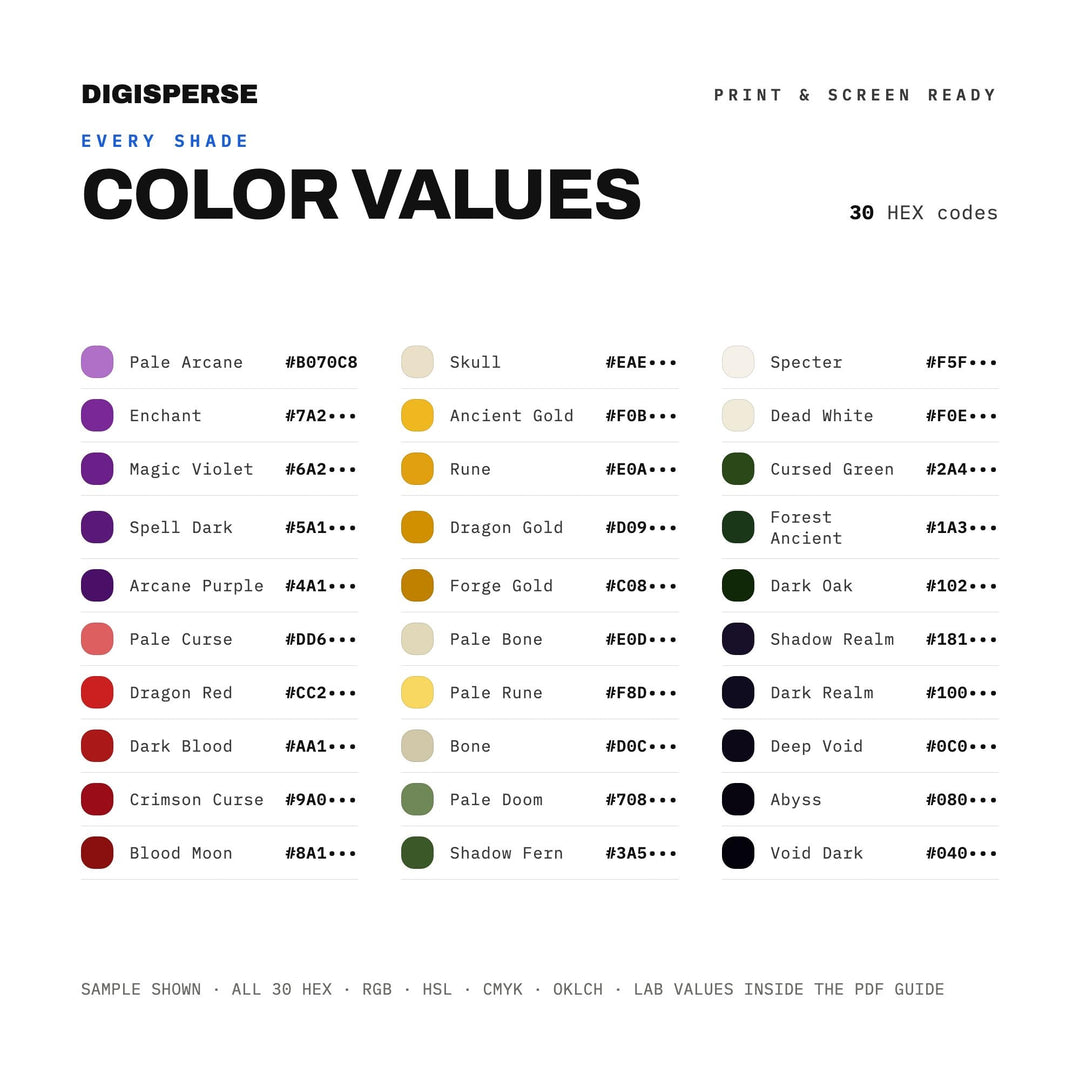 Dark Fantasy Color Palette | 30 Hex RGB CMYK Swatches (Digital Download)