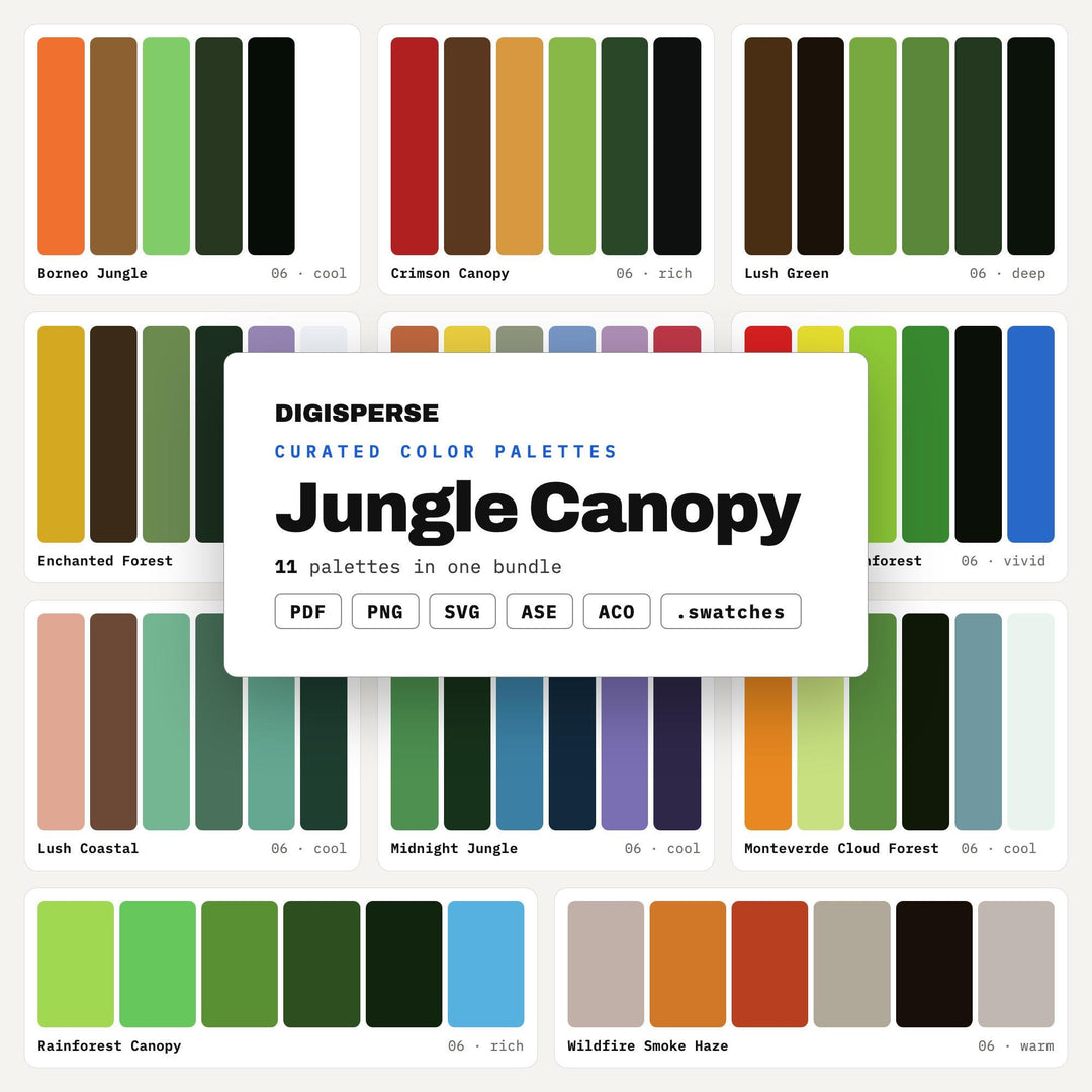 Tropical Jungle Color Scheme Set, 11 Canopy Green Palettes for Rainforest Art, Plant Shop Branding and Exotic Print Design