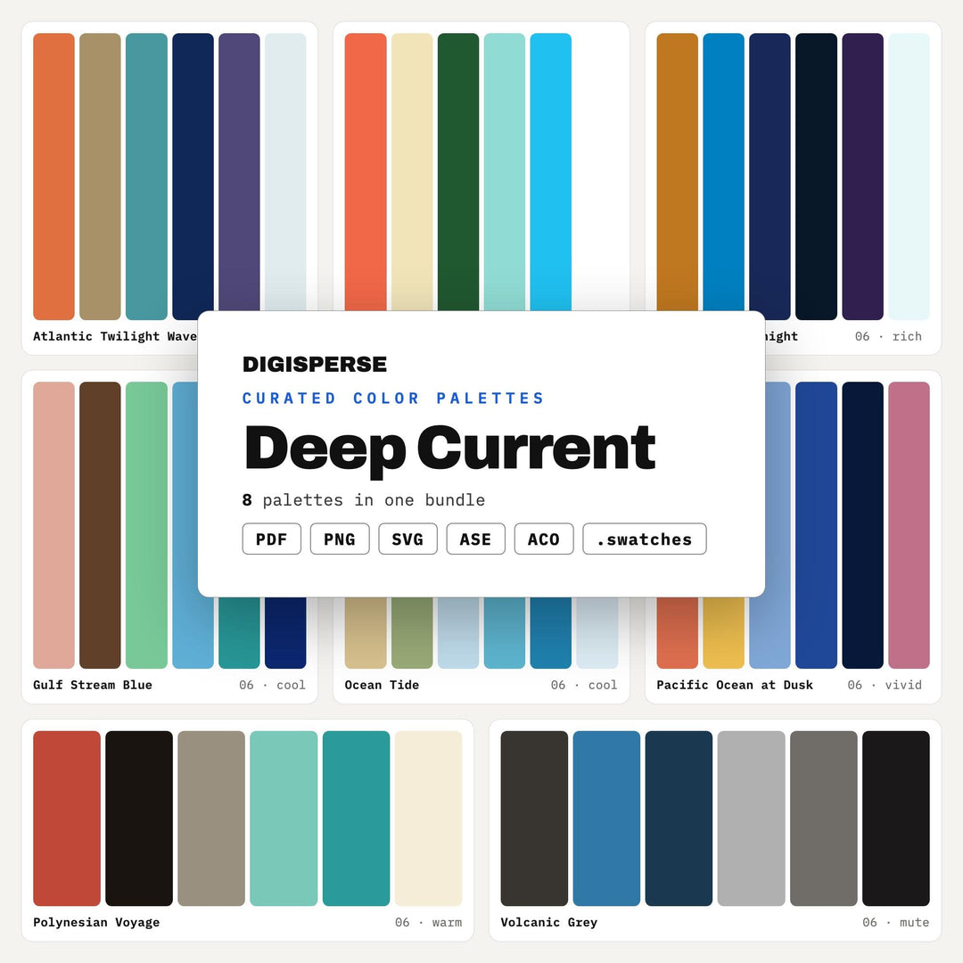 Ocean Depths Color Scheme Pack, 8 Deep Current Palettes for Marine Design, Scuba Brand Logos and Underwater Illustration