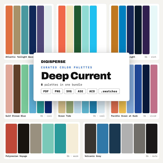 Ocean Depths Color Scheme Pack, 8 Deep Current Palettes for Marine Design, Scuba Brand Logos and Underwater Illustration