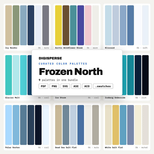 Arctic Color Palette Collection, 9 Frozen North Schemes for Winter Branding, Polar Wildlife Art and Ice Hotel Event Design