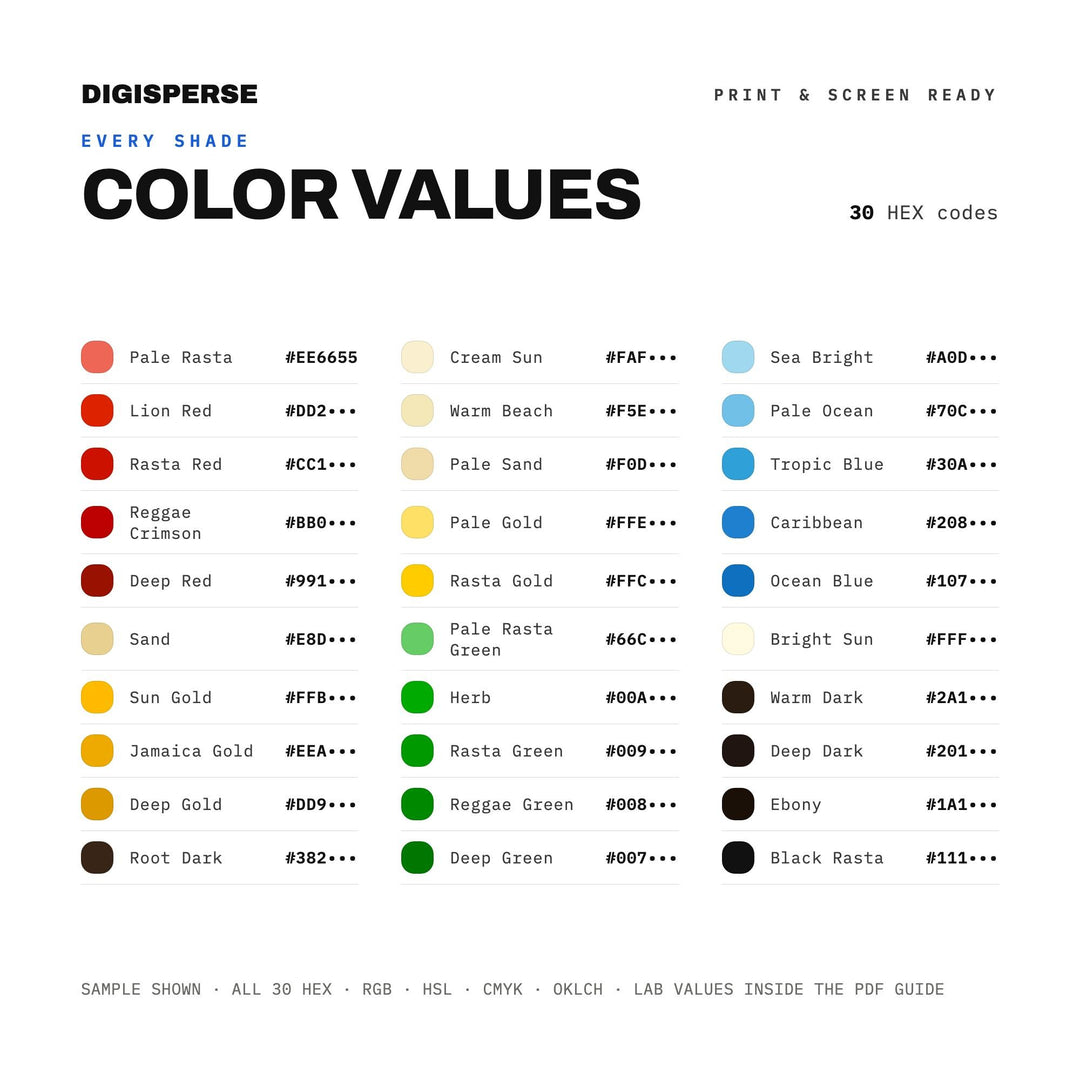 Reggae Sun Color Palette | 30 Colors | Hex RGB CMYK | Color Guide | Procreate Swatches + ASE | Digital Download