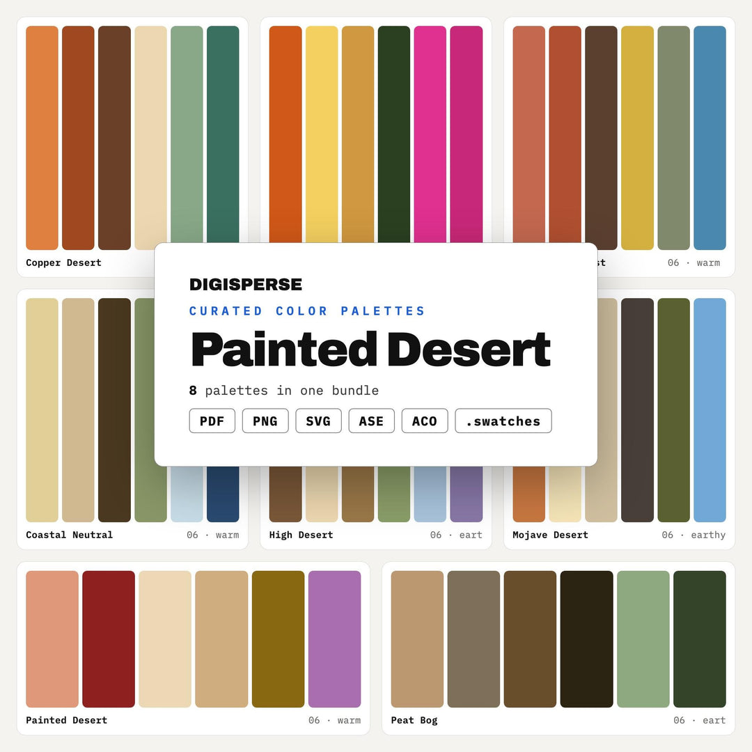 Southwest Color Scheme Set, 8 Painted Desert Palettes for Santa Fe Style Decor, Cactus Art Prints and Boho Ranch Branding