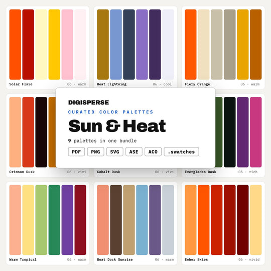 Desert Sun Color Palette Pack, 9 Heatwave Schemes for Summer Campaigns, Hot Sauce Labels and Bold Festival Poster Design