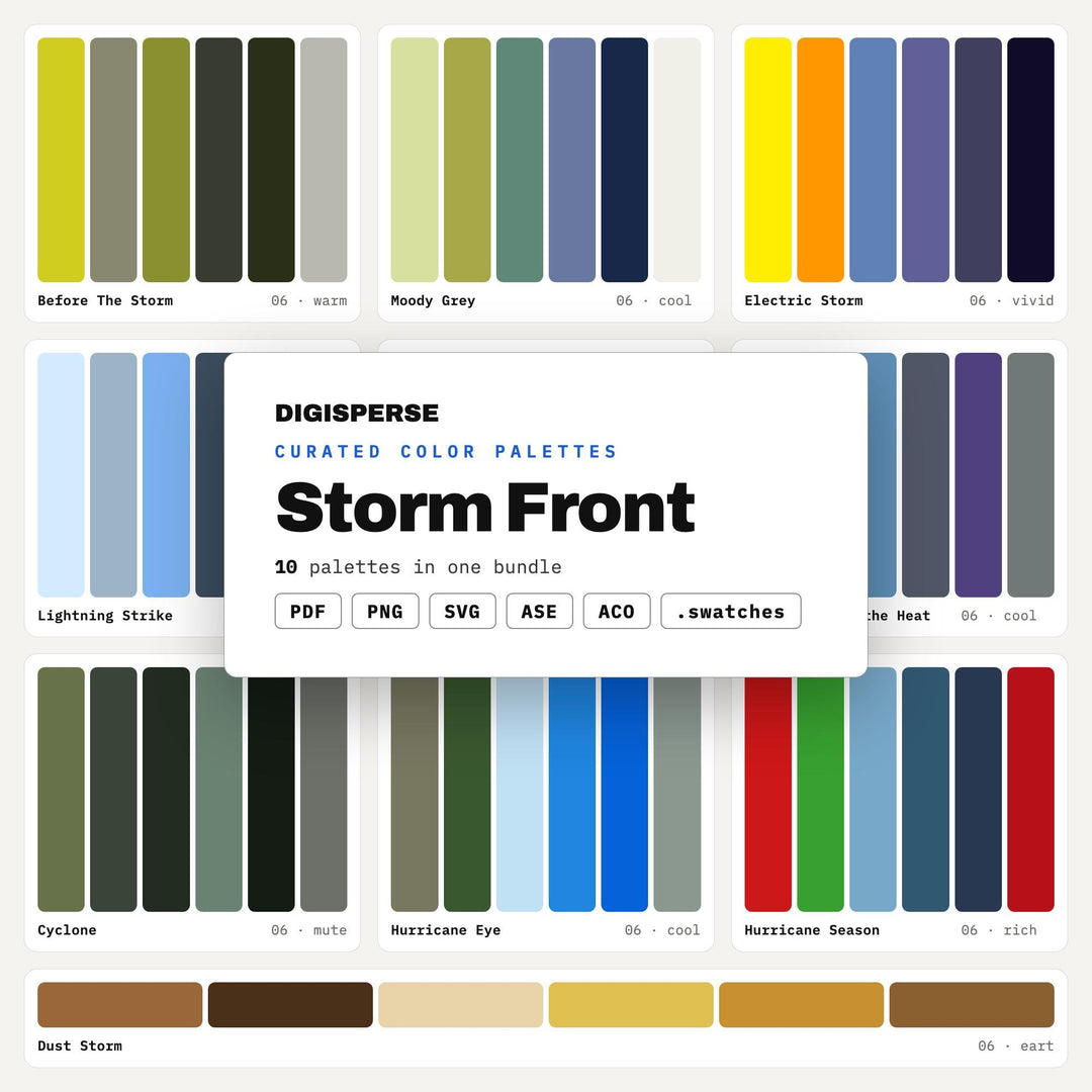 Moody Sky Color Scheme Collection, 10 Storm Front Palettes for Dramatic Branding, Weather Art and Cinematic Moodboards