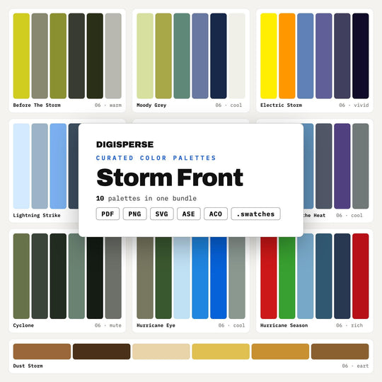 Moody Sky Color Scheme Collection, 10 Storm Front Palettes for Dramatic Branding, Weather Art and Cinematic Moodboards