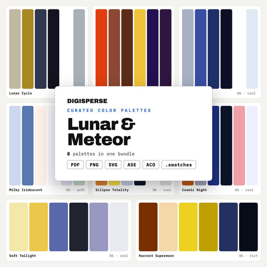 Moon Phase Color Scheme Kit, 8 Lunar and Meteor Palettes for Celestial Stationery, Astrology Branding and Night Sky Nursery Art