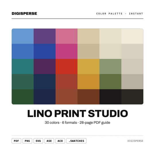 Bold Ink Color Palette for Linocut Block Print Art and Craft Studio Branding, 30 Hand Carved Hues, Procreate Swatches
