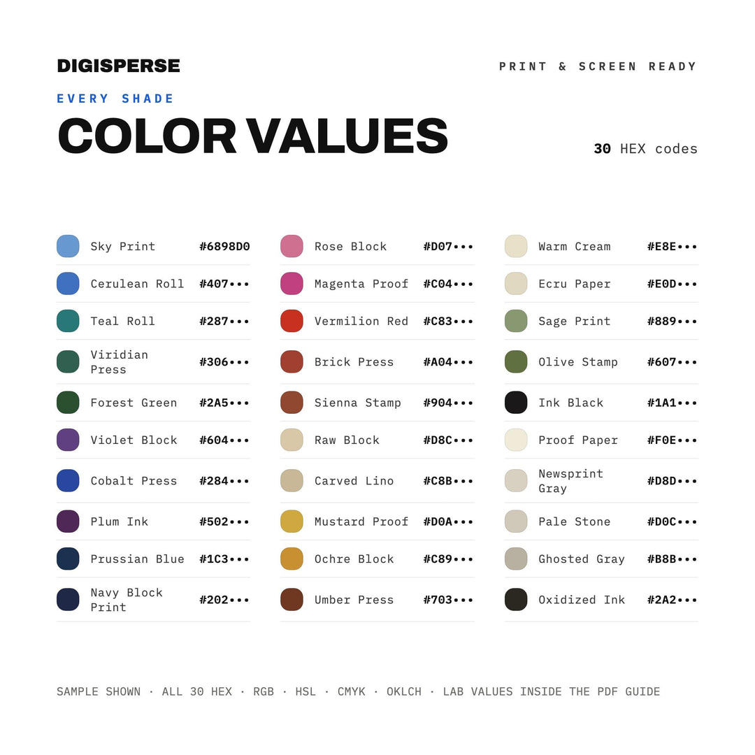 Bold Ink Color Palette for Linocut Block Print Art and Craft Studio Branding, 30 Hand Carved Hues, Procreate Swatches