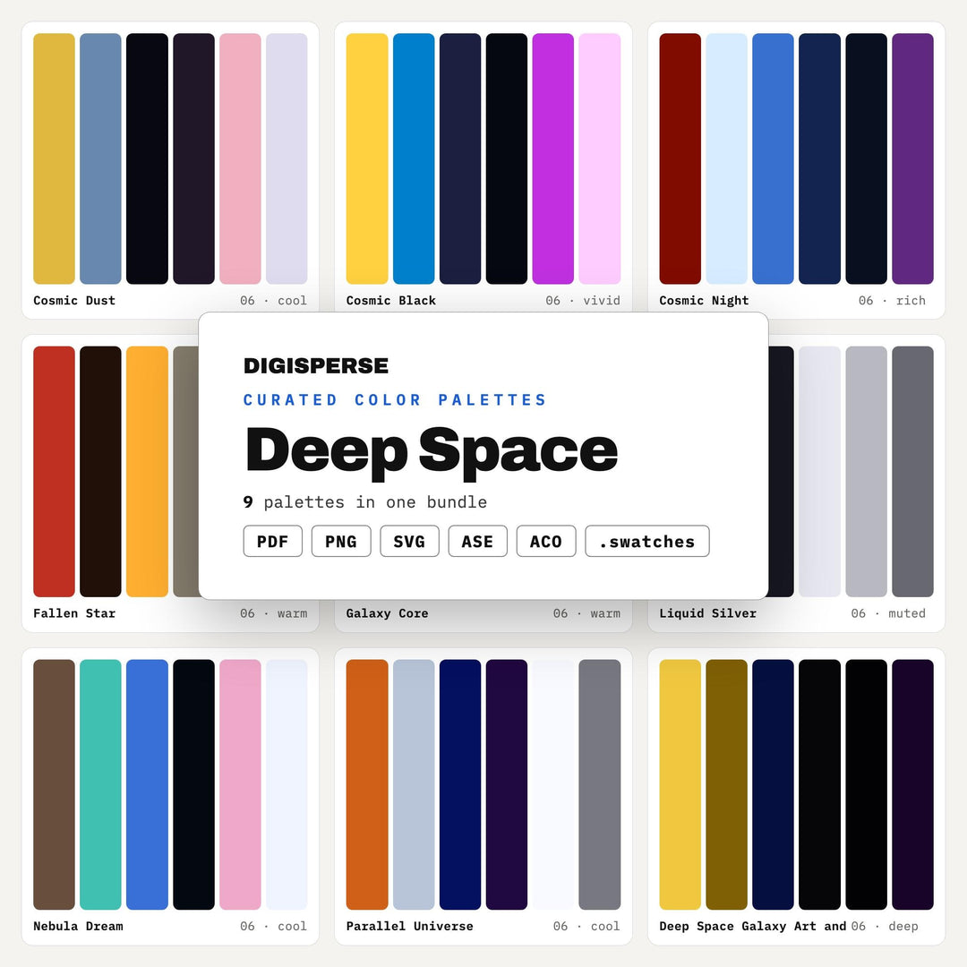 Galaxy Color Palette Collection, 9 Deep Space Schemes for Sci Fi Book Covers, Planetarium Posters and Cosmic Nursery Design