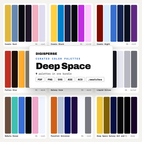 Galaxy Color Palette Collection, 9 Deep Space Schemes for Sci Fi Book Covers, Planetarium Posters and Cosmic Nursery Design